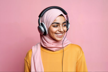 Smiling Woman with Headphones. Generative AIの素材