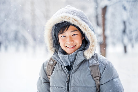 Boy Enjoying Winter Snowfall. Generative AIの素材