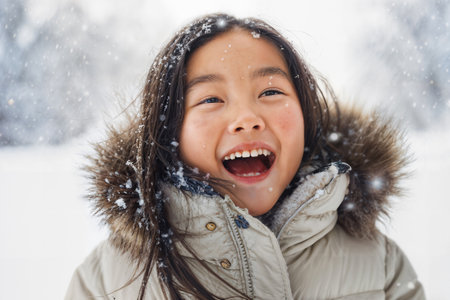 Joyful Asian Girl Enjoying Snowfall. Generative AIの素材