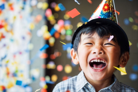 Asian Boy Laughing with Colorful Confetti and Party Hat. Generative AIの素材