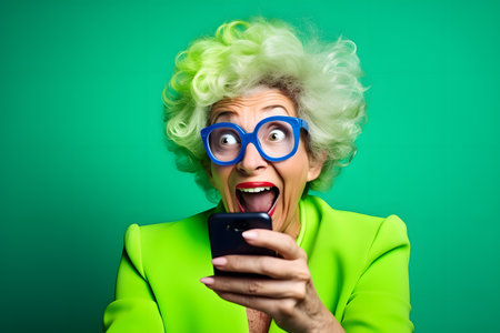 Colorful studio portrait of an old woman using modern day technology and gadgets. Bold, vibrant and minimalist. Generative AIの素材