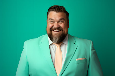 Slightly overweight businessman smiling confidently. Bold and vibrant clean minimalist studio portrait, copy space. Green and pinkの素材