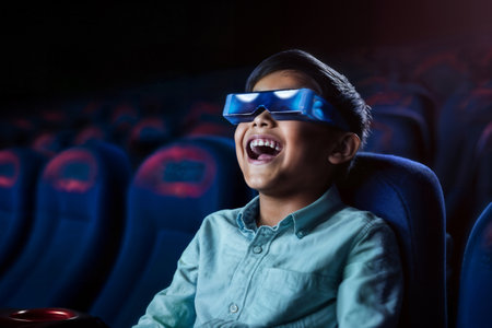 Excited Boy Watching 3D Movie in Cinema. Generative AIの素材