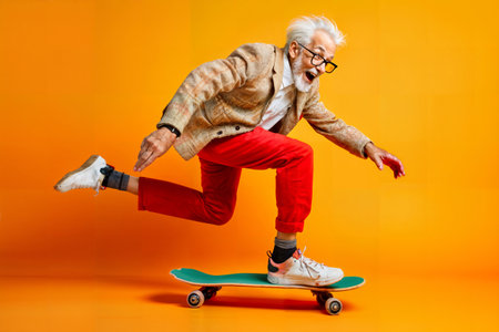Energetic Senior Man Skateboarding. Generative AIの素材