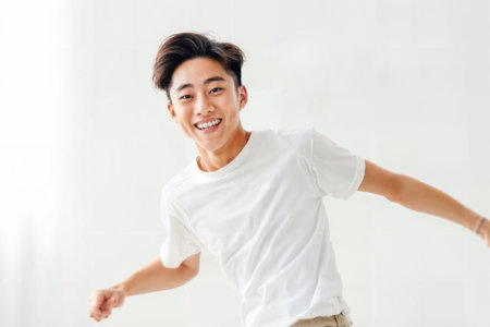 Happy Young Asian Man Dancing Freely. Generative AIの素材