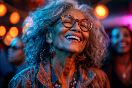 Joyful Senior Lady at Concert. Generative AIの素材