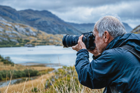 Senior Photographer Capturing Landscape. Generative AIの素材