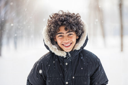 Boy Enjoying Winter Snowfall. Generative AIの素材