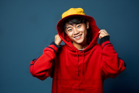 Youth in Red Hoodie and Yellow Cap. Generative AIの素材