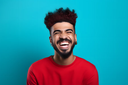 Colorful studio portrait of an ethnic man smiling happily. Teal and red. Generative AIの素材
