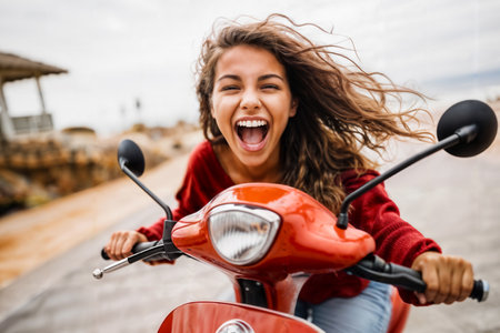 Exhilarating Scooter Ride by the Beach. Generative AIの素材