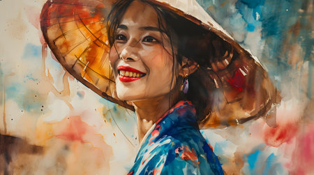 Young Asian Woman with Traditional Attire. Watercolor. Generative AIの素材