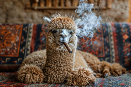 Alpaca Smoking a Cigar on Oriental Rug. Generative AIの素材