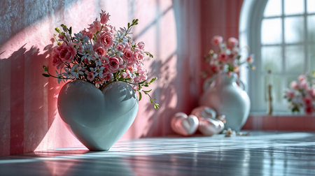 Romantic Floral Arrangement in Heart-Shaped Vase Generative AIの素材