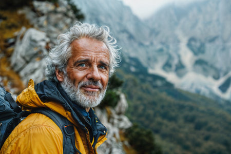 Adventurous Senior Hiker in Mountains Generative AIの素材