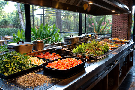Buffet Spread in Outdoor Kitchen. Generative AIの素材