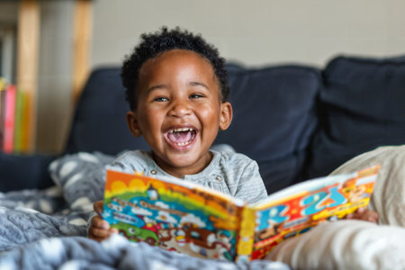 Laughing Child Reading Book. Generative AIの素材