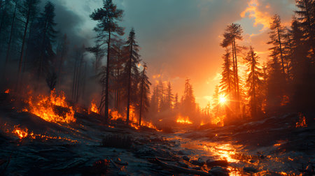 Forest Wildfire at Sunset. Generative AIの素材