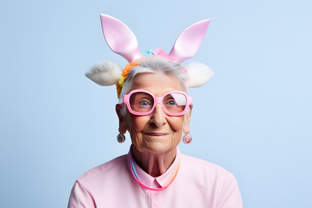 Elderly Woman in Bunny Ears. Generative AIの素材
