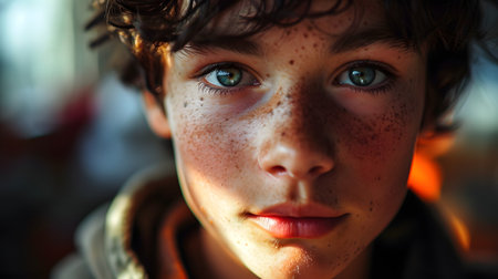 Close-Up of a Freckled Boy. Generative AIの素材