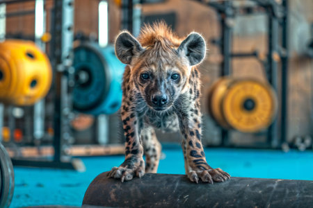 Hyena Cub in Gym Setting. Generative AIの素材