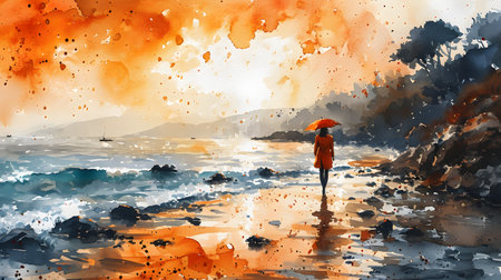 Solitary Figure on Seashore. Generative AIの素材