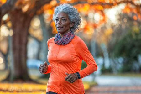 Active Senior Woman Jogging in Park. Generative AIの素材