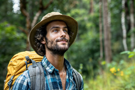 Content Explorer in Forest with Backpack. Generative AIの素材