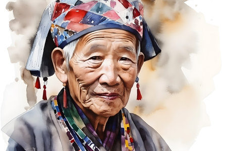 Elderly Woman in Traditional Attire. Generative AIの素材