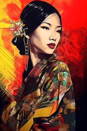 Elegant Geisha Illustration in Vibrant Colors. Generative AIの素材