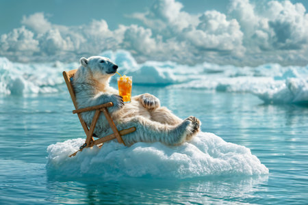 Relaxing Polar Bear on Iceberg. Global Warming Concept. Generative AIの素材