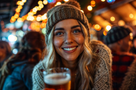 Woman Enjoying Beer at Winter Market. Generative AIの素材