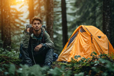 Camping Man in Forest with Tent. Generative AIの素材