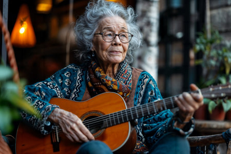 Elderly Lady Playing Guitar in Cozy Setting. Generative AIの素材