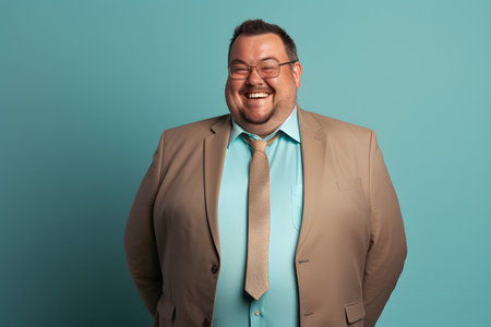 Slightly overweight businessman smiling confidently. Bold and vibrant clean minimalist studio portrait, copy space.の素材