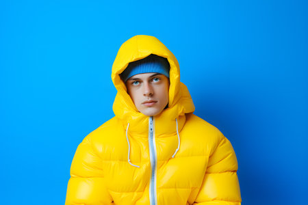 Colorful studio portrait of a young man wearing cold weather clothes to keep him warm. Autumn or winter outfit. Bold, vibrant and minimalist. Generative AIの素材