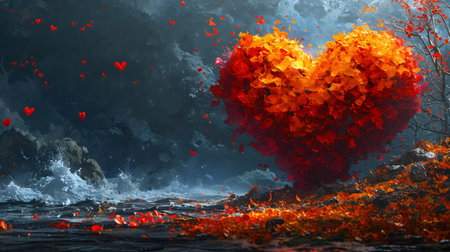 Love Concept Autumn Leaves Heart. Generative AIの素材