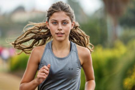 Young Female Runner in Urban Park. Generative AIの素材