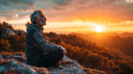 Man Contemplating Sunset on Mountain. Generative AIの素材