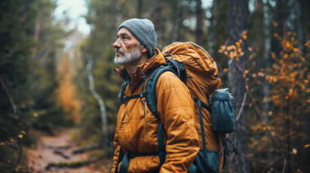 Senior Hiker Exploring Autumn Forest. Generative AIの素材