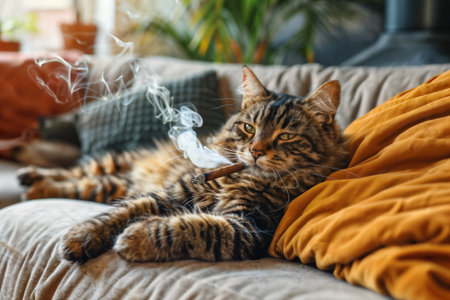Tabby Cat with Cigar on Couch. Generative AIの素材