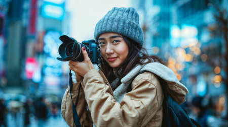 Photographer Capturing City Lights Generative AIの素材