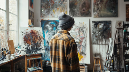 Artist Contemplating Artwork in Studio. Generative AIの素材