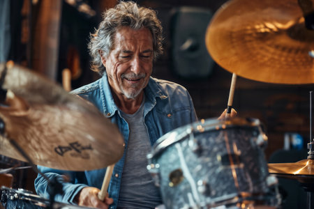 Joyful Senior Man Playing Drums. Generative AIの素材