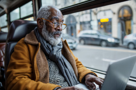 Senior Man Working on Laptop in Bus. Generative AIの素材