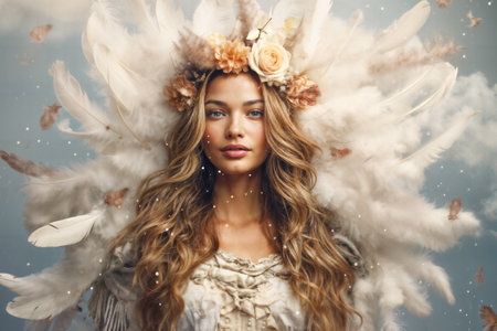 Ethereal Woman with Feather Headdress. Generative AIの素材