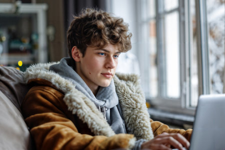 Thoughtful Teen Using Laptop at Home. Generative AIの素材