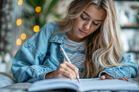 Studious Woman Writing in Notebook at Home. Generative AIの素材