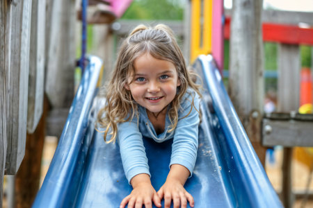 Girl Sliding on Playground Slide. Generative AIの素材
