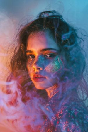 Enigmatic Woman in Glitter and Smoke. Generative AIの素材